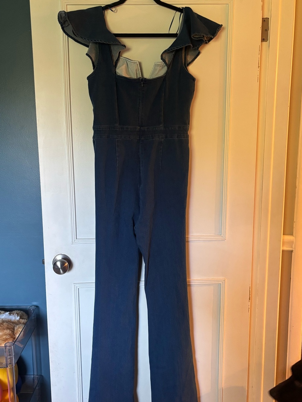 Flying Tomato Dark Blue Denim Ruffle-Shoulder Jumpsuit